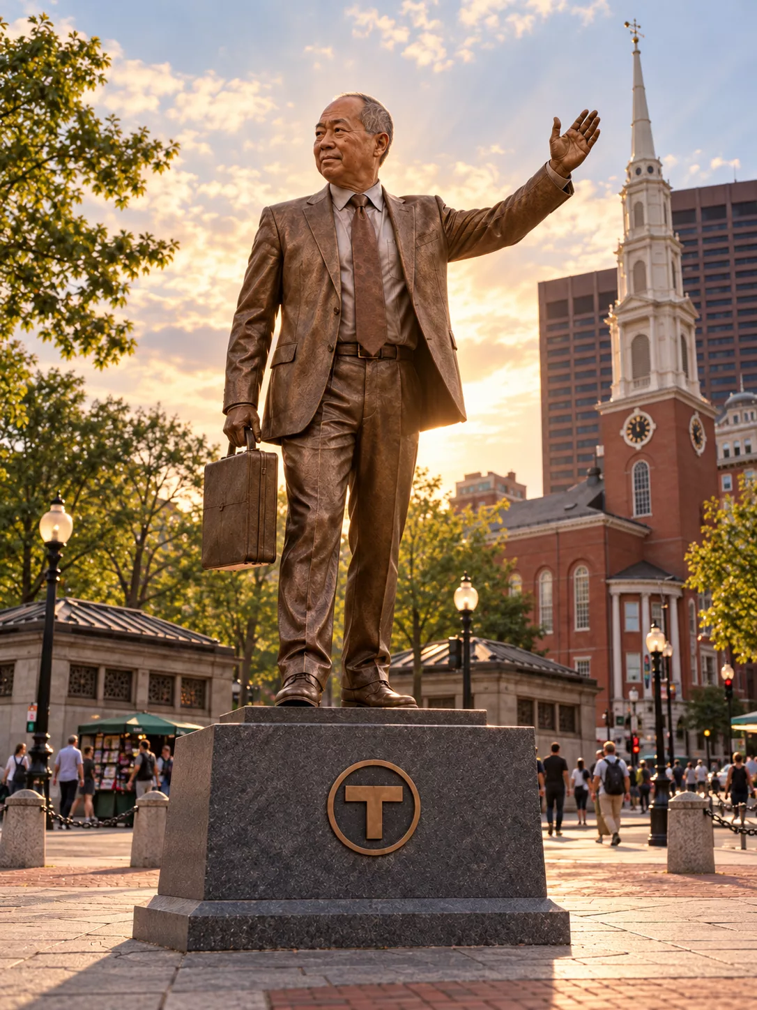 Artist's concept: a bronze statue of Phil Eng waving, briefcase in hand, on a granite plinth bearing the T logo, with Boston Common trees and Park Street Church behind.
